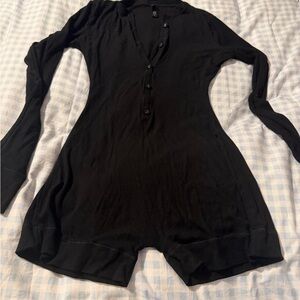 SKIMS Black Ribbed Long-Sleeve Henley Romper